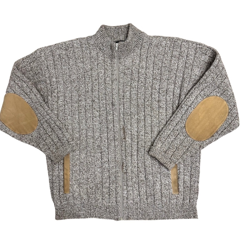 Vtg Orvis Marled Beige Wool Knit Full Zip Elbow Suede Patch Cardigan Large EUC